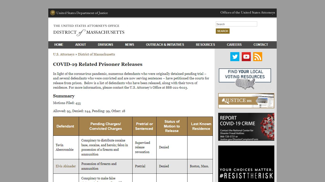 COVID-19 Related Prisoner Releases - United States Department of Justice